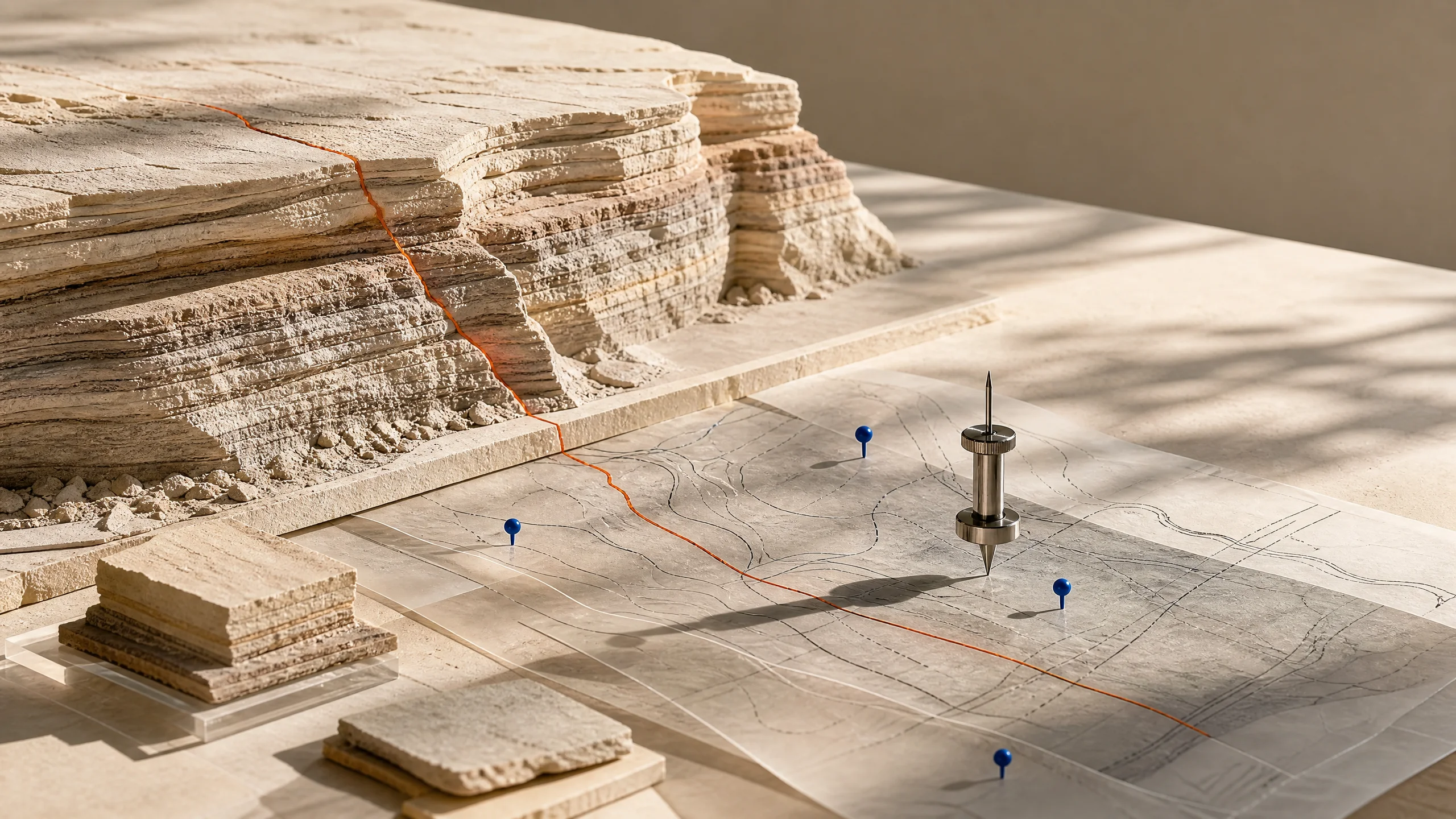 Physical geological market map with layered terrain and survey pins