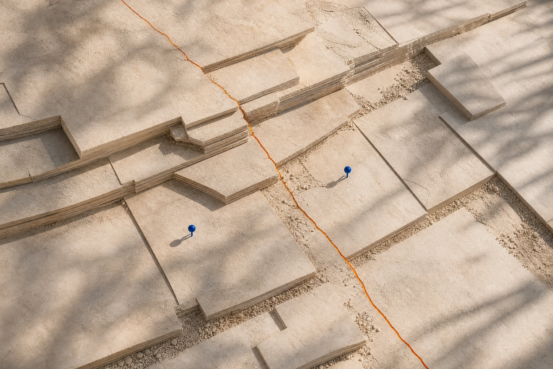 Mapped threshold field showing a fault line and survey pins