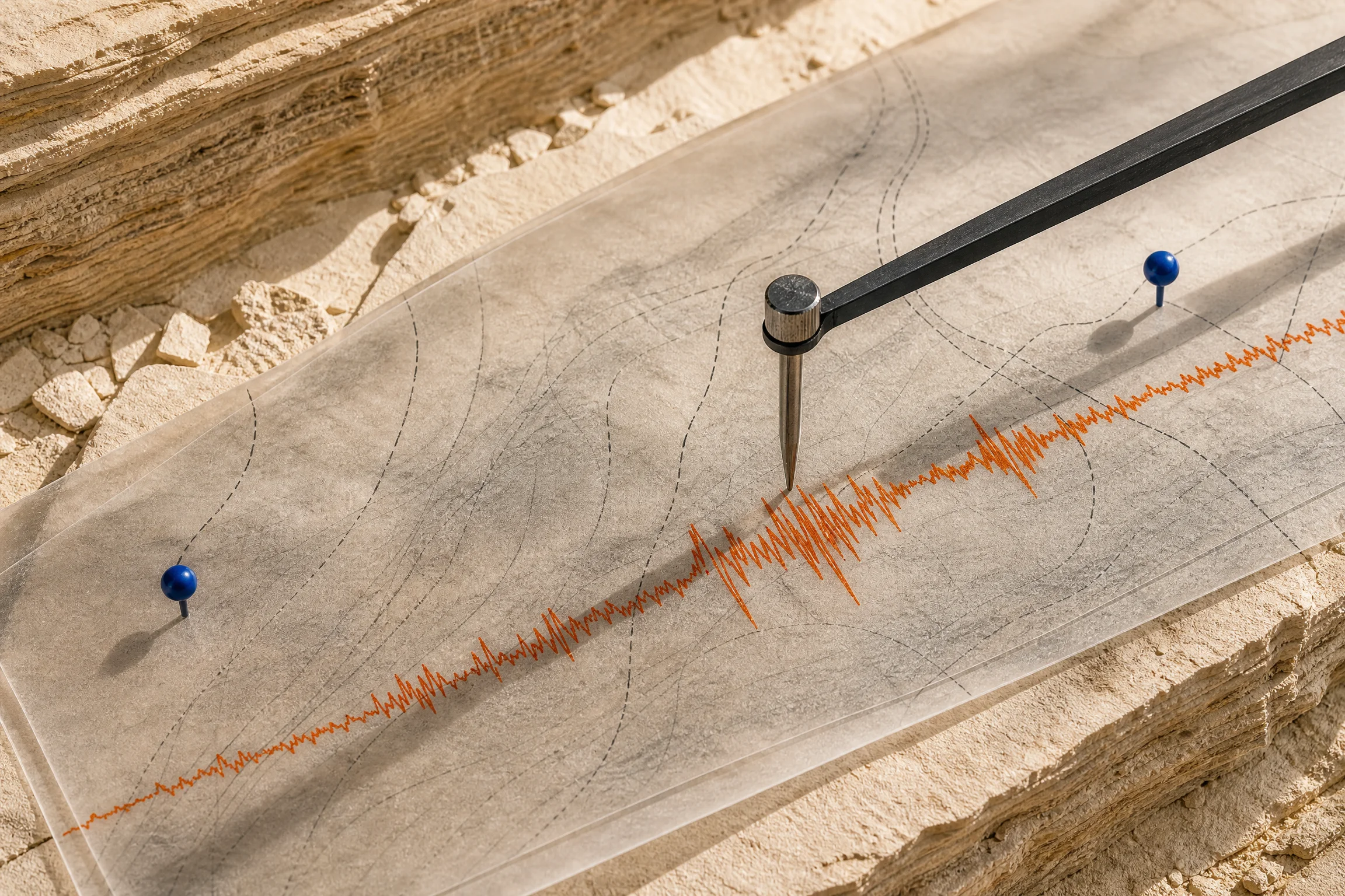 Close-up seismic trace drawn across a layered marketing field map