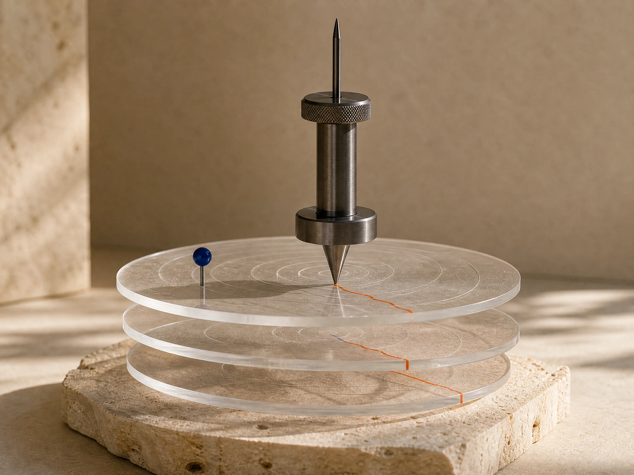 Layered physical tremor reader instrument with a survey pin